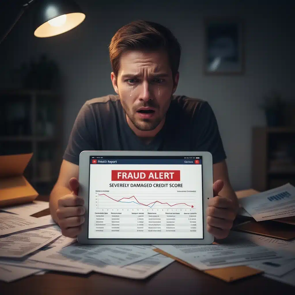 Distressed person reviewing credit report after identity theft.