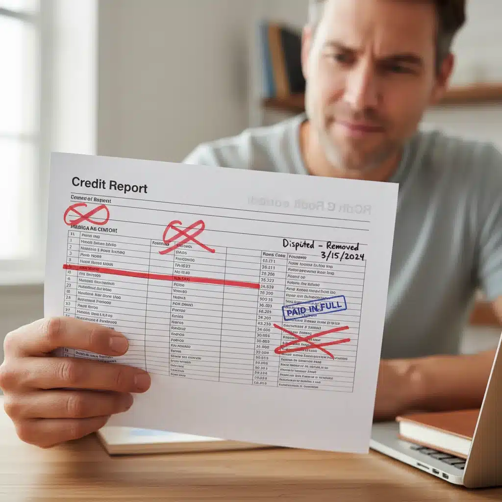 Hand reviewing credit report with medical debt entries, indicating dispute or removal.