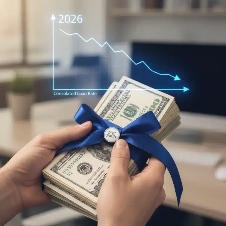Hands holding consolidated bills with a falling interest rate graph and 2026 in background
