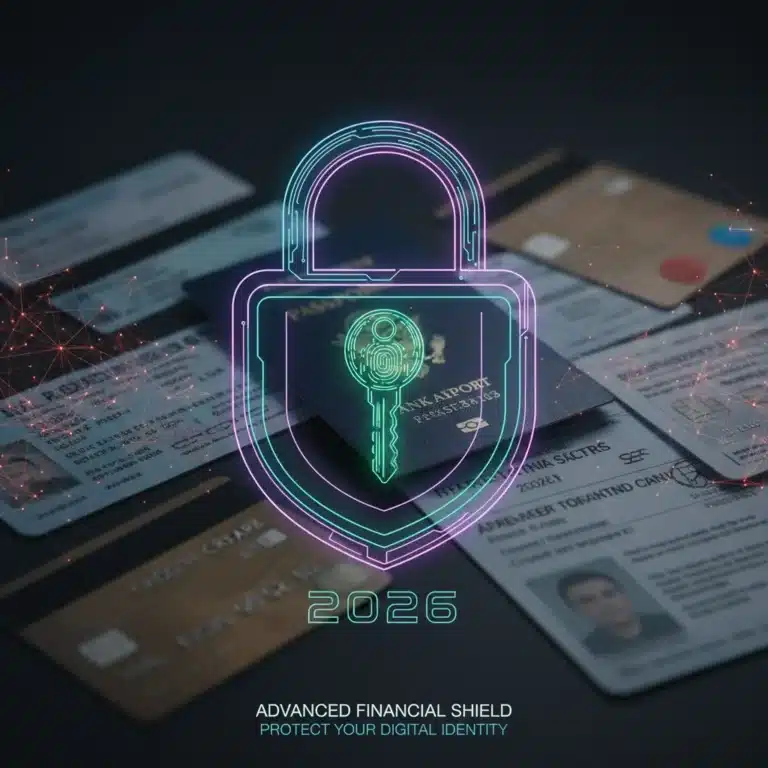 Digital lock protecting credit cards and documents from identity theft in 2026.