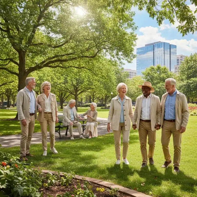 Happy diverse seniors enjoying a financially secure retirement in a sunny park