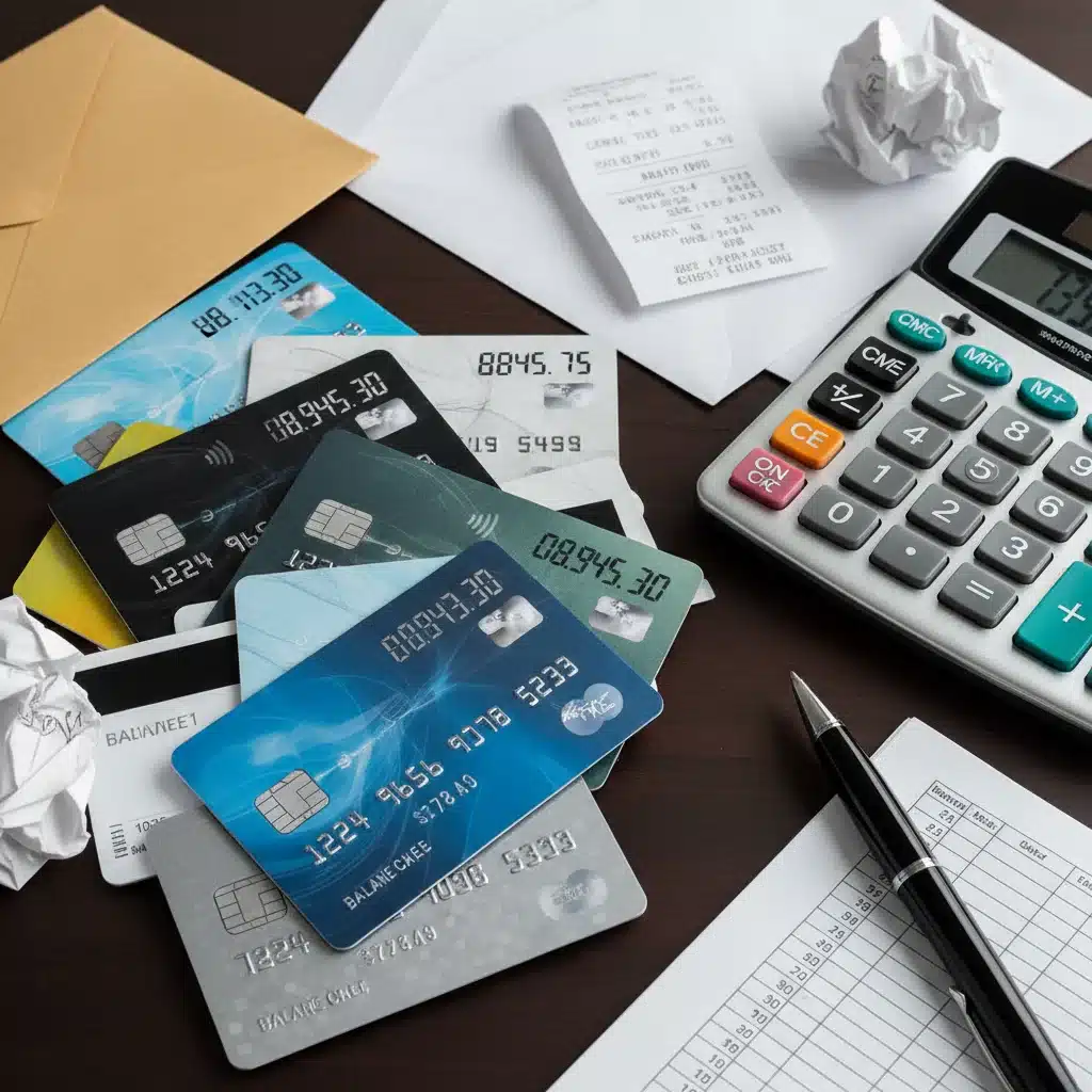 Stack of credit cards with varying balances, calculator, and pen, representing credit account management.