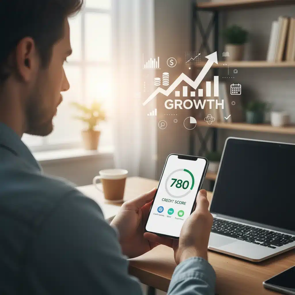 Person reviewing credit score on smartphone, with financial apps and rising arrow in background.
