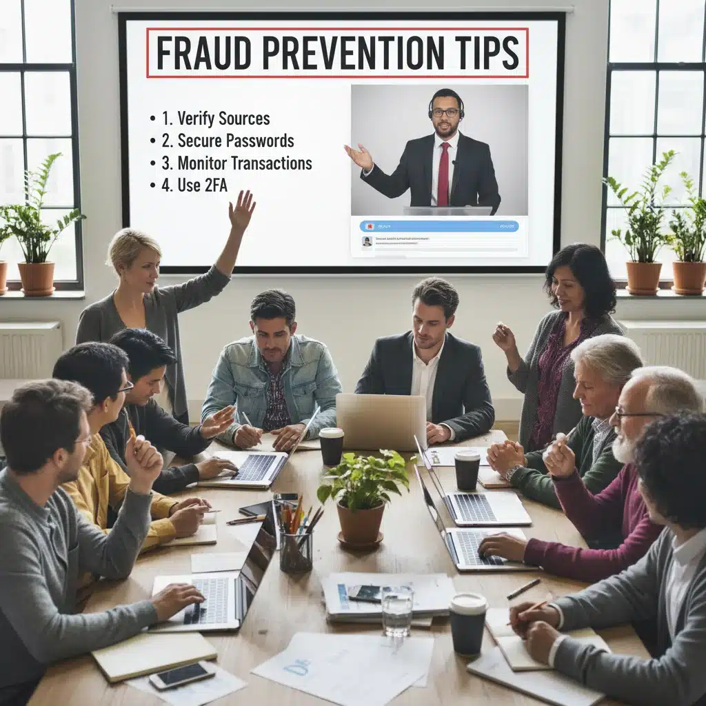 Diverse individuals learning fraud prevention tips in an online workshop