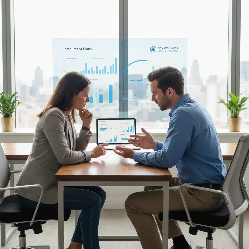 Patient consulting financial counselor about medical bill options and payment plans.