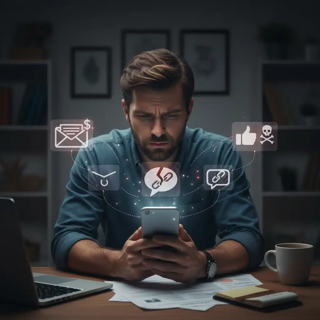 Individual concerned about phishing and online scam messages on smartphone