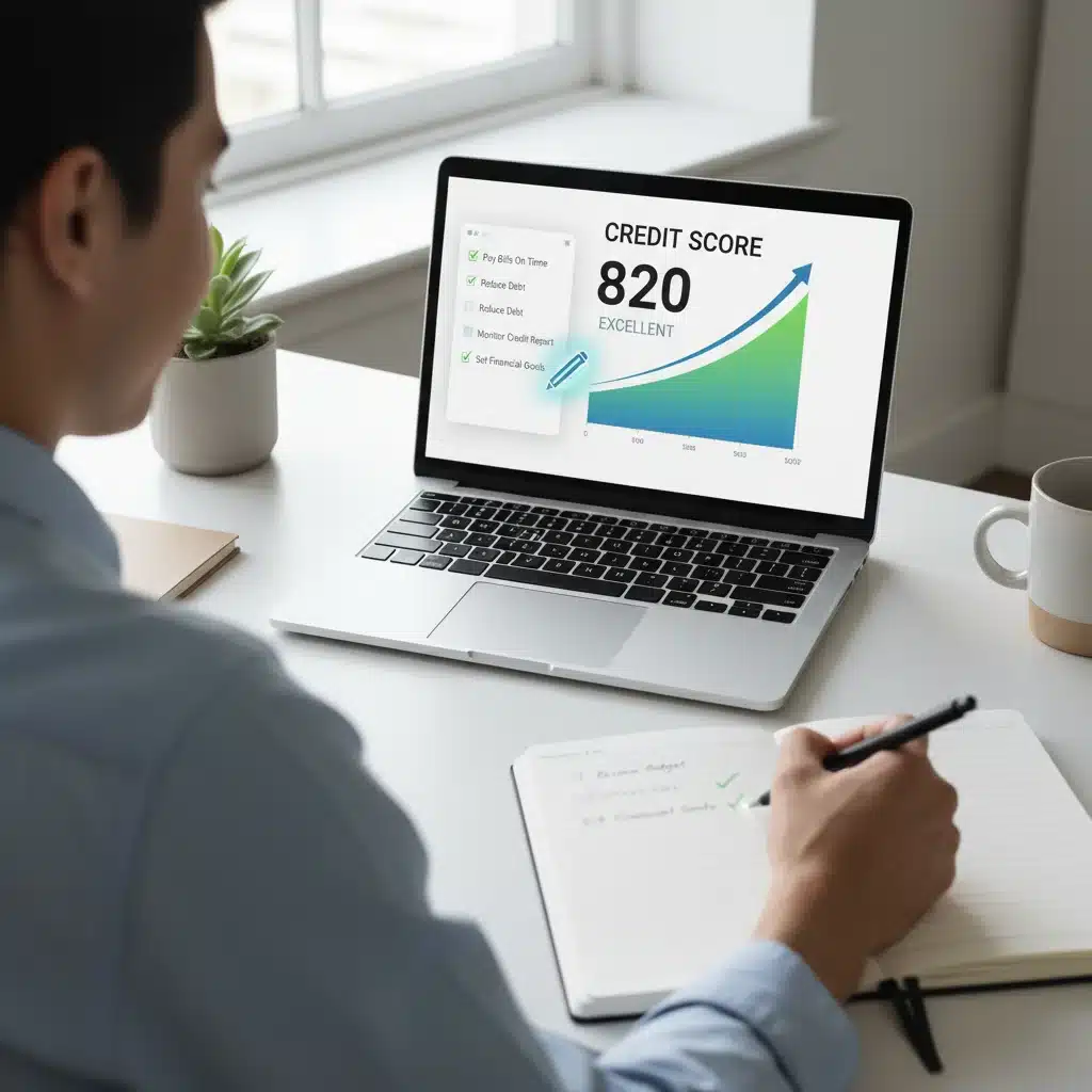 Person managing credit score on laptop with checklist
