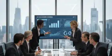 Business team conducting a quarterly budget review in 2026, analyzing financial data on screens.