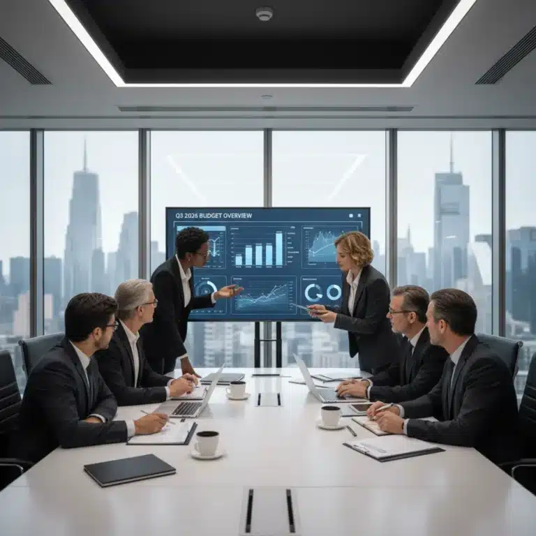 Business team conducting a quarterly budget review in 2026, analyzing financial data on screens.