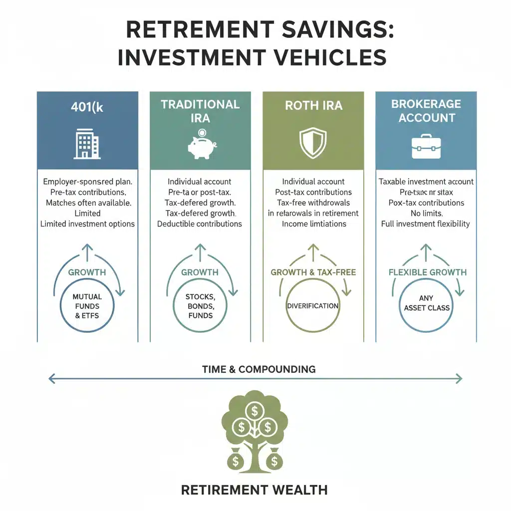 Infographic illustrating various retirement investment vehicles like 401ks and IRAs